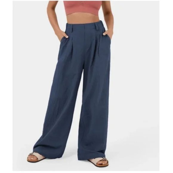 HALARA Pants - Halara Navy High Waisted Plicated Wide Leg Flowy Solid Palazzo Pants M NWT